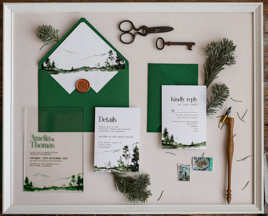 Zaproszenia ślubne Minimalistyczne zaproszenia ślubne z grafiką lasu, zaproszenia dla miłośników podróży, zaproszenia ślubne z pleksy, zaproszenia na ślub i wesele4