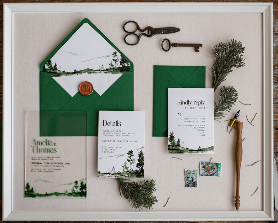 Zaproszenia ślubne Minimalistyczne zaproszenia ślubne z grafiką lasu, zaproszenia dla miłośników podróży, zaproszenia ślubne z pleksy, zaproszenia na ślub i wesele5