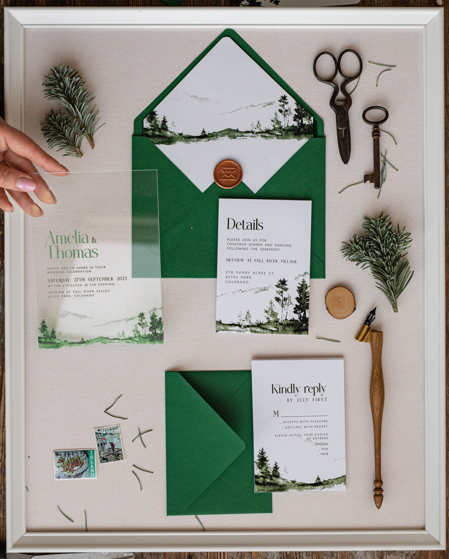 Zaproszenia ślubne Minimalistyczne zaproszenia ślubne z grafiką lasu, zaproszenia dla miłośników podróży, zaproszenia ślubne z pleksy, zaproszenia na ślub i wesele0