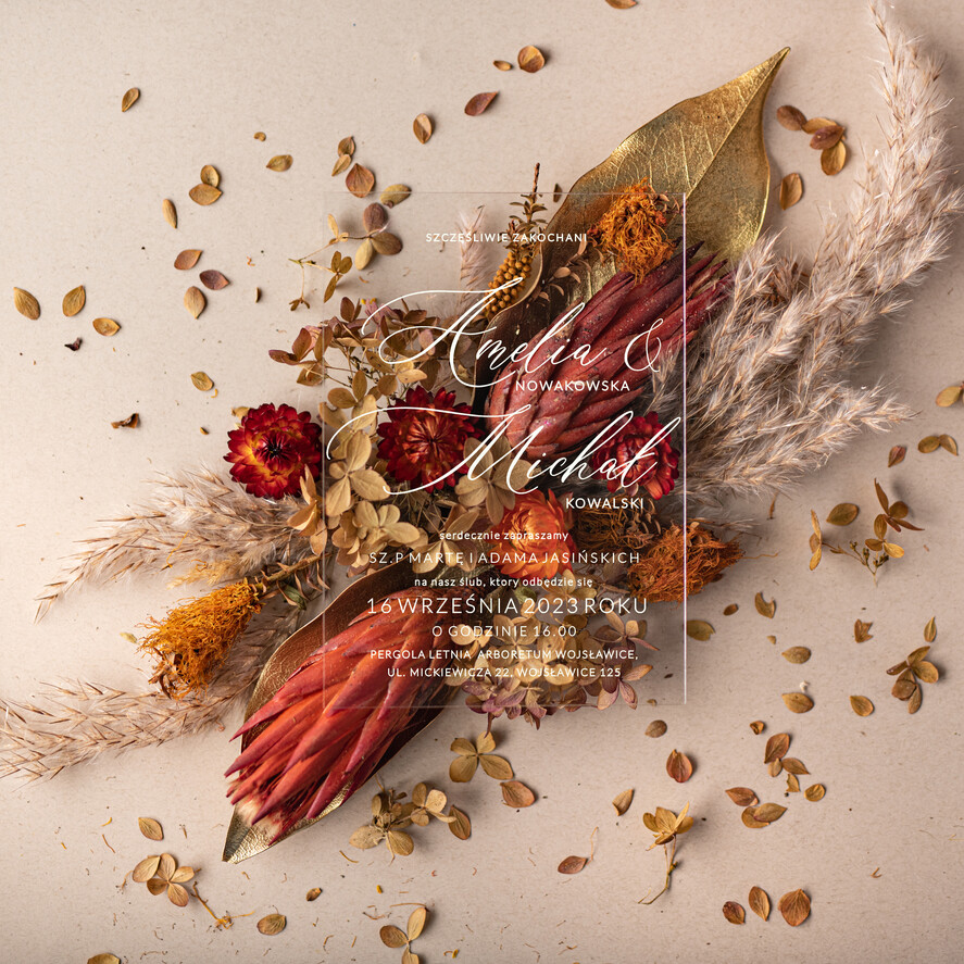 Zaproszenia ślubne Minimalistyczne Proste zaproszenia slubne Terakota na pleksie, Boho zaproszenie ślubne z akrylu, zaproszenia ślubne kwiaty plexi 2