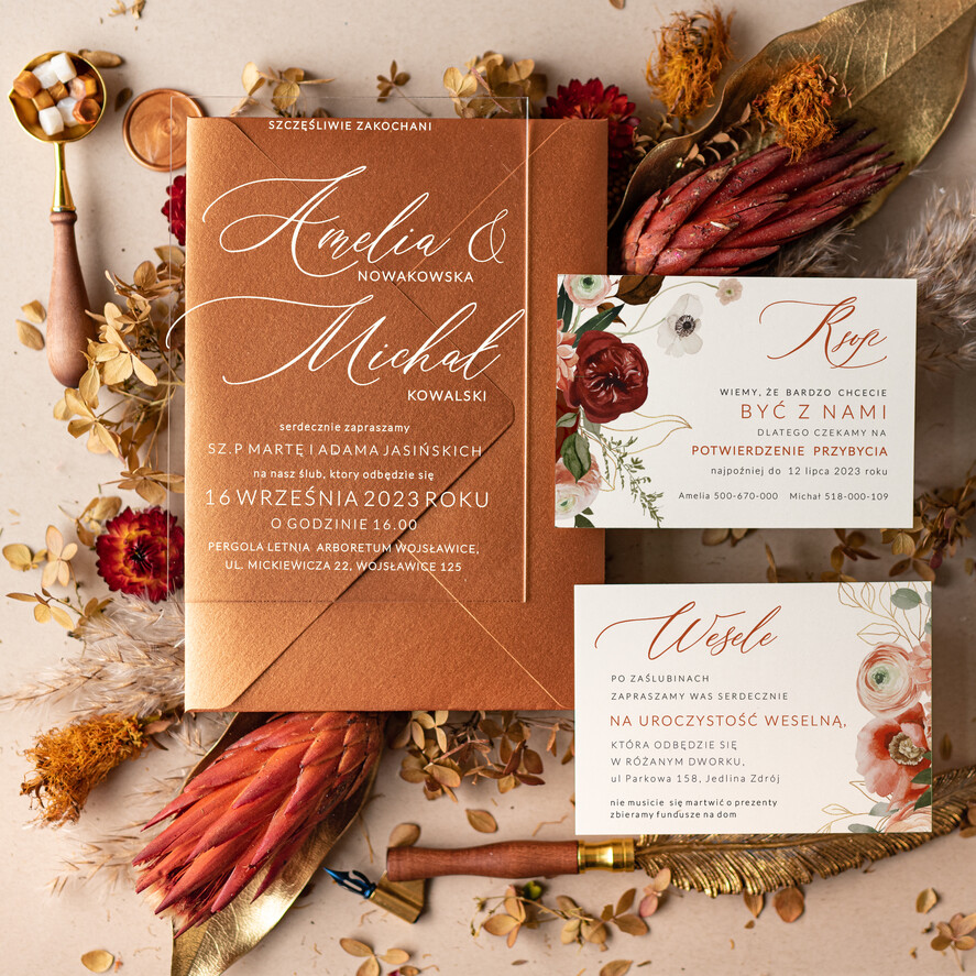 Zaproszenia ślubne Minimalistyczne Proste zaproszenia slubne Terakota na pleksie, Boho zaproszenie ślubne z akrylu, zaproszenia ślubne kwiaty plexi 0