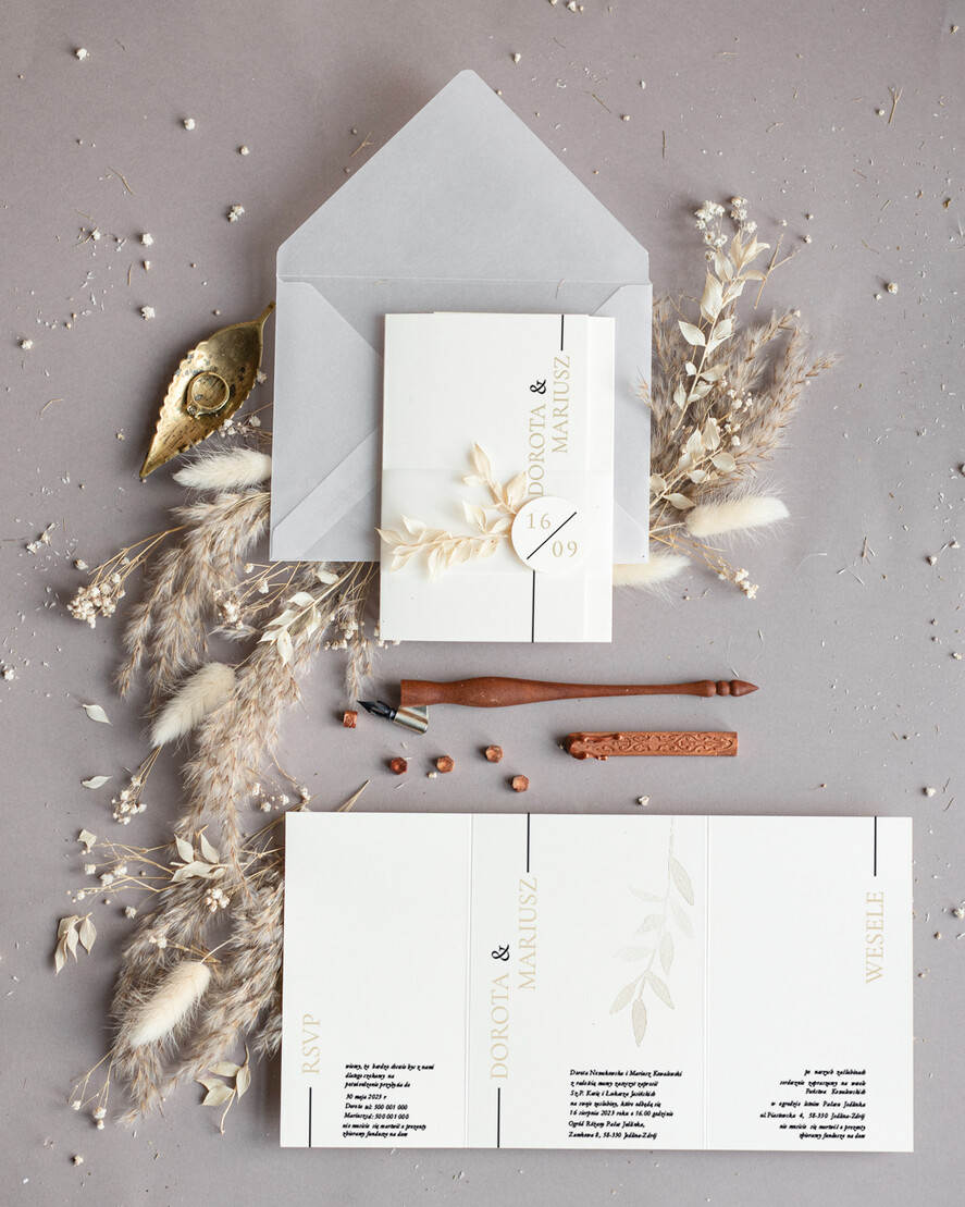 Zaproszenia ślubne Minimalistyczne oryginalne zaproszenia ślubne z suszonymi listkami, idealne na ślub w plenerze zaproszenie na ślub z liśćmi 0