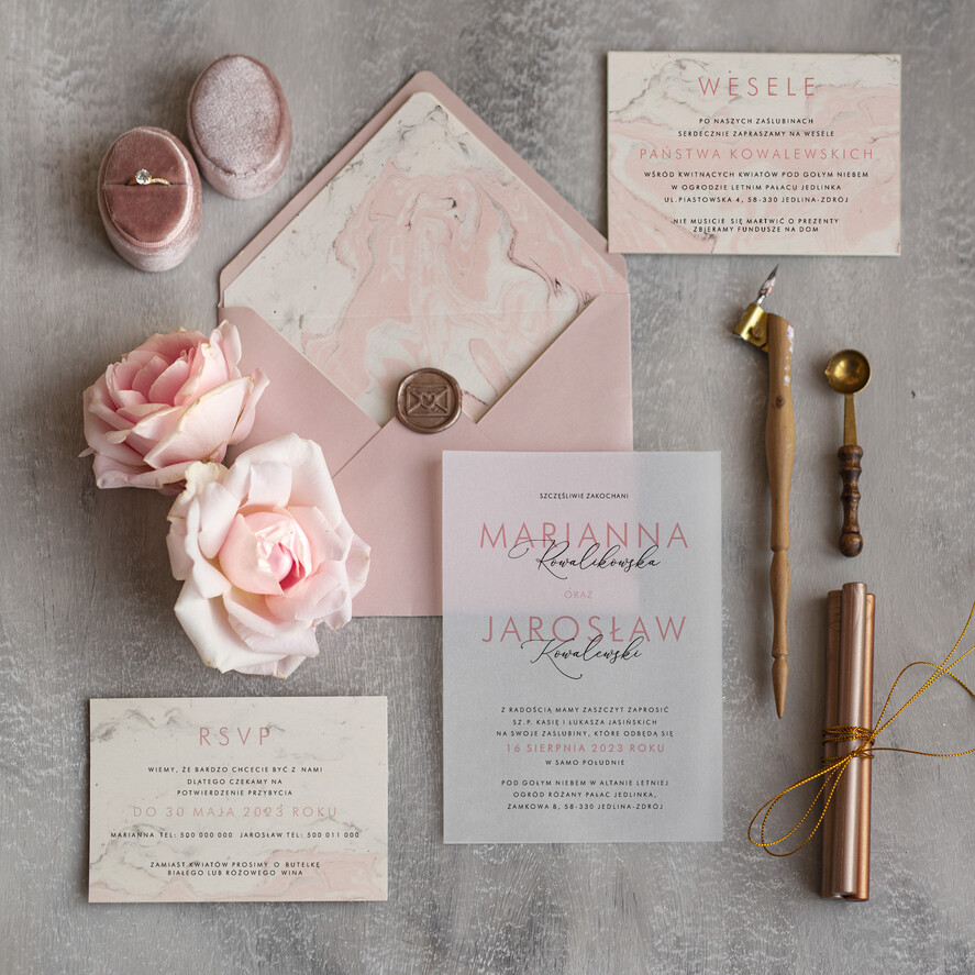 Zaproszenia ślubne Minimalistyczne Proste Zaproszenia Ślubne na Kalce Marmurkowe Zaproszenia na Ślub Marmur Zaproszenie Ślubne Różowe2