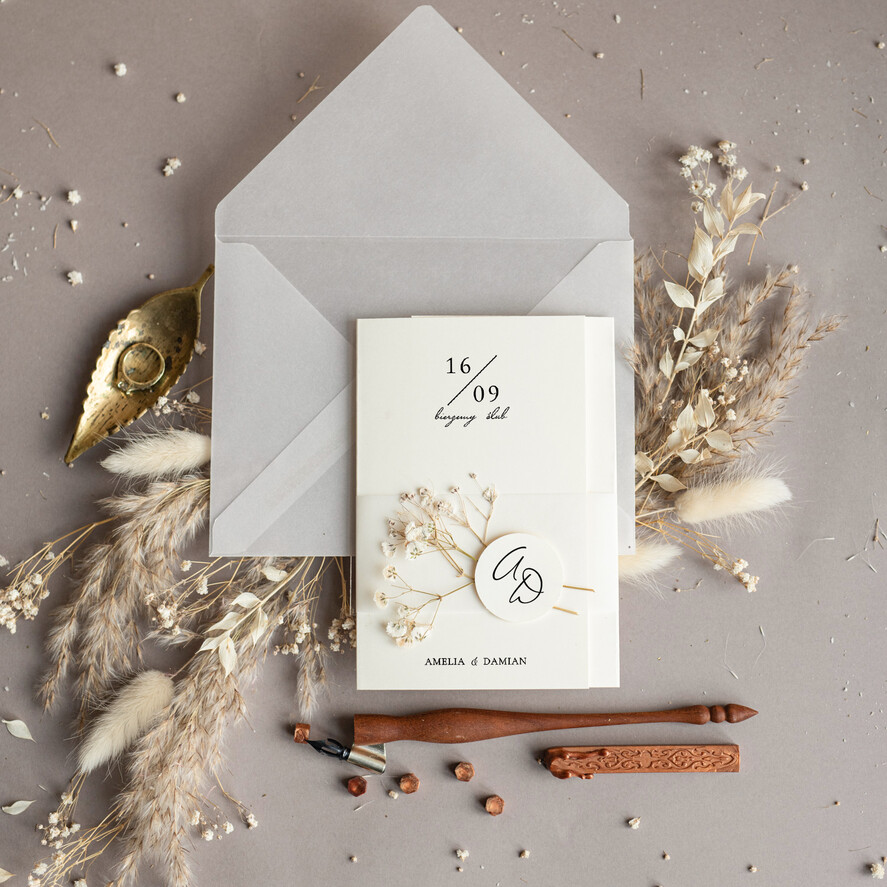 Zaproszenia ślubne Minimalistyczne delikatne zaproszenia ślubne, zaproszenie na ślub z gipsówką 1