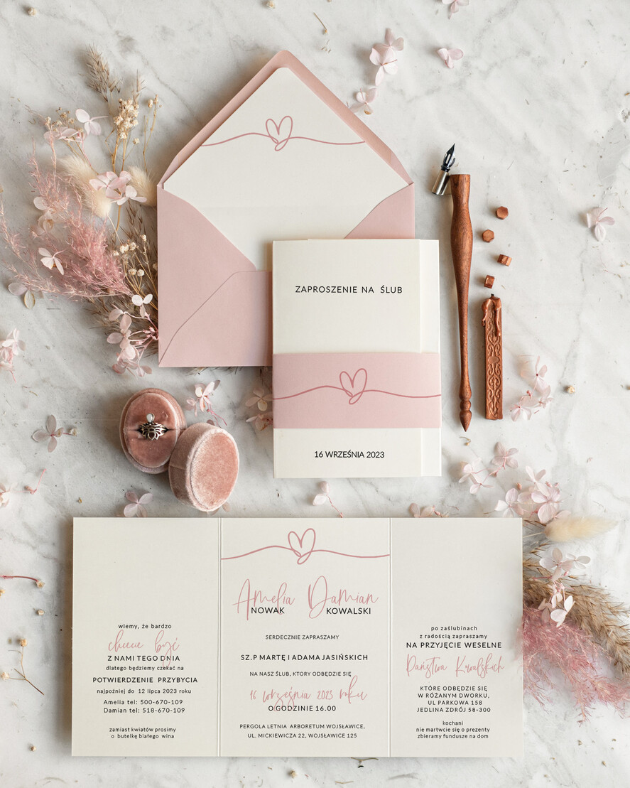 Zaproszenia ślubne Minimalistyczne modne zaproszenia ślubne, zaproszenia na skromny ślub, delikatne zaproszenia ślubne, składane zaproszenia z obwolutą 1