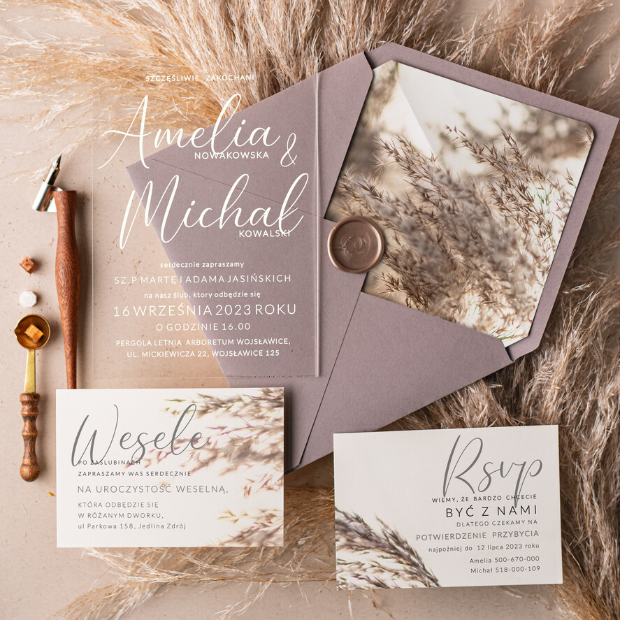 Zaproszenia ślubne Minimalistyczne zaproszenia na ślub ręcznie robione z pleksy, zaproszenia slubne z trawa, zaproszenie na slub na szkle 0