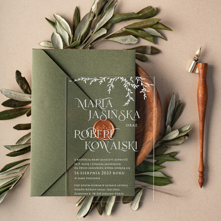 Zaproszenia ślubne Minimalistyczne oliwkowe zaproszenia ślubne, minimalistyczne zaproszenie na slub na szkle, Proste zaproszenia slubne rustykalne na pleksie oliwkowe, Boho zaproszenie ślubne z plexi1