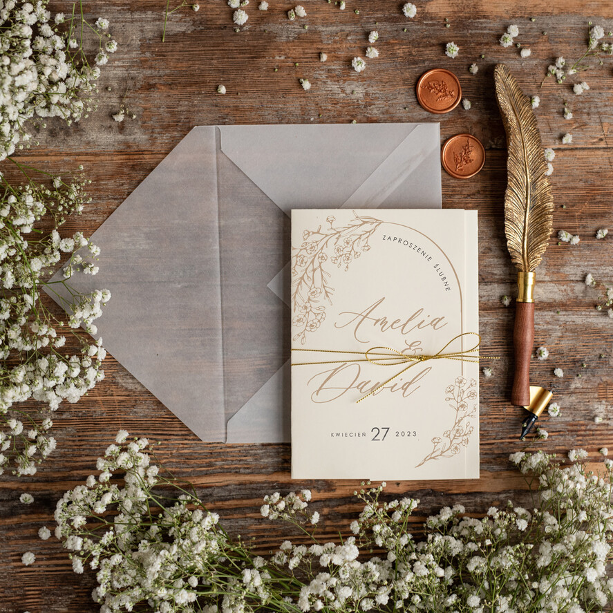 Zaproszenia ślubne Minimalistyczne modne zaproszenia na ślub z gipsówką, proste zaproszenia ślubne z gipsówką, gipsówka na zaproszeniach ślubnych 1