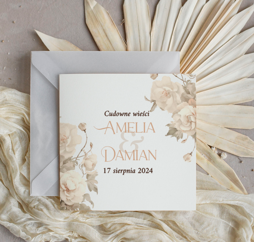 Zaproszenia ślubne Minimalistyczne Zaproszenia Ślubne z kwiatami Minimalistyczne składane Zaproszenia na Ślub Eleganckie Zaproszenie na ślub cywilny kalkowa koperta, proste zaproszenia ślubne 0