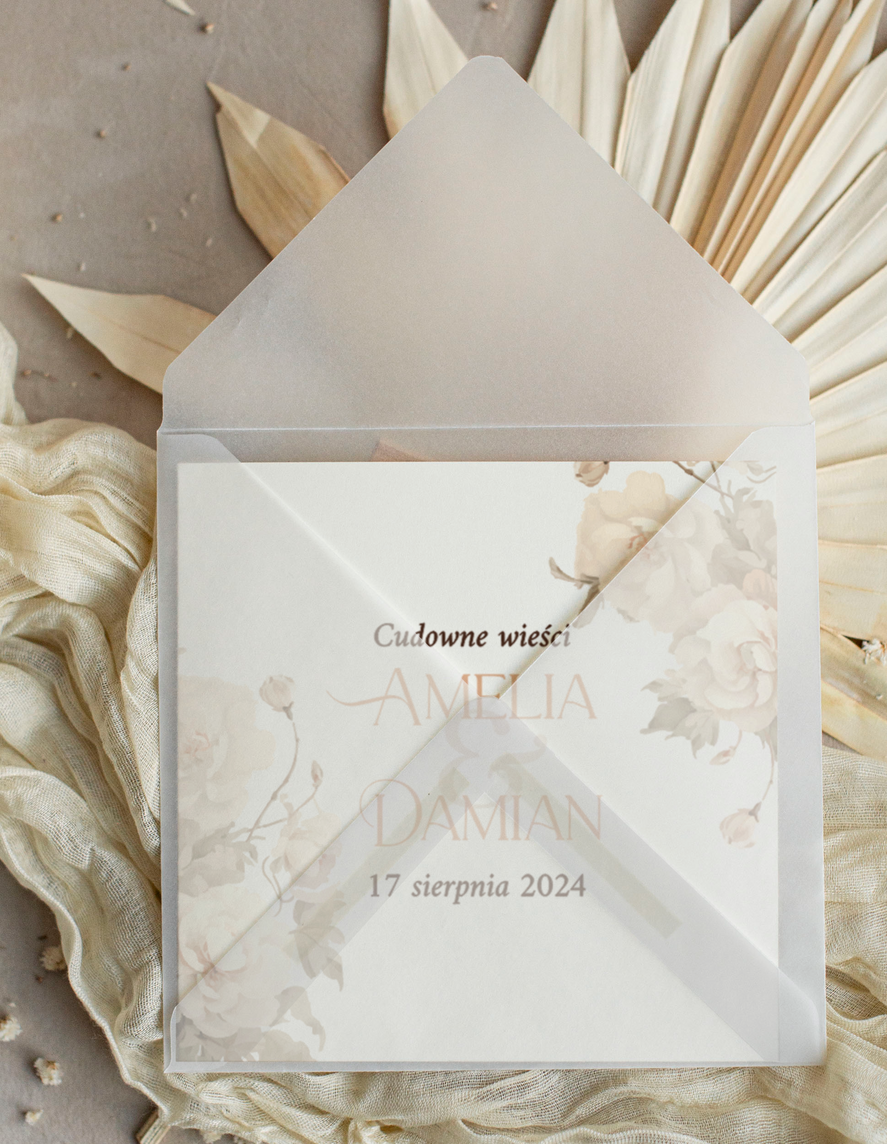 Zaproszenia ślubne Minimalistyczne Zaproszenia Ślubne z kwiatami Minimalistyczne składane Zaproszenia na Ślub Eleganckie Zaproszenie na ślub cywilny kalkowa koperta, proste zaproszenia ślubne 1