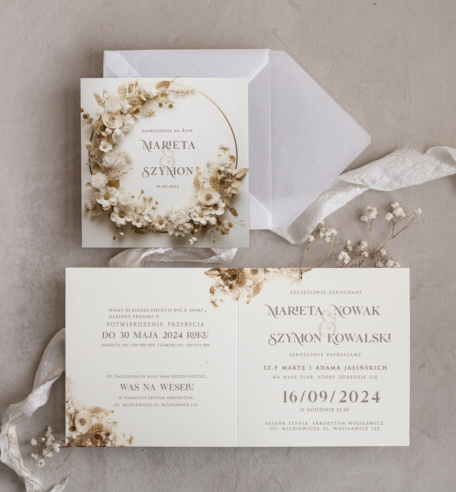Zaproszenia ślubne Minimalistyczne Zaproszenia Ślubne z kwiatami Minimalistyczne składane Zaproszenia na Ślub Eleganckie Zaproszenie na ślub cywilny kalkowa koperta, proste zaproszenia ślubne 1