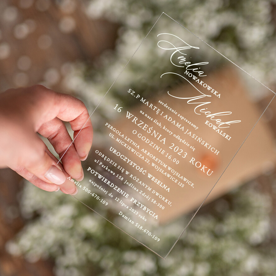 Zaproszenia ślubne Minimalistyczne Proste zaproszenia slubne rustykalne na pleksie, Boho zaproszenie ślubne z akrylu, zaproszenia ślubne kwiaty plexi 1