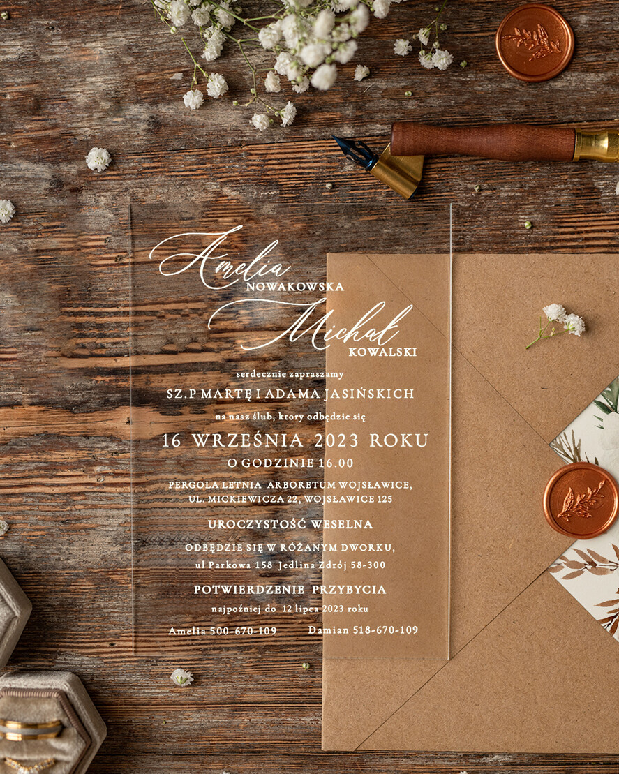 Zaproszenia ślubne Minimalistyczne Proste zaproszenia slubne rustykalne na pleksie, Boho zaproszenie ślubne z akrylu, zaproszenia ślubne kwiaty plexi 2