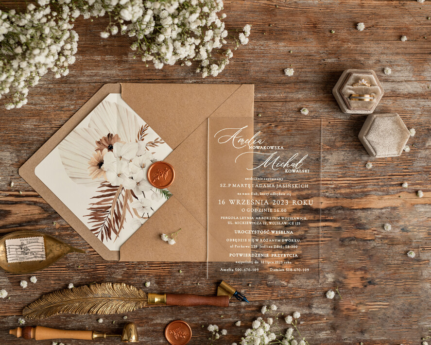 Zaproszenia ślubne Minimalistyczne Proste zaproszenia slubne rustykalne na pleksie, Boho zaproszenie ślubne z akrylu, zaproszenia ślubne kwiaty plexi 0