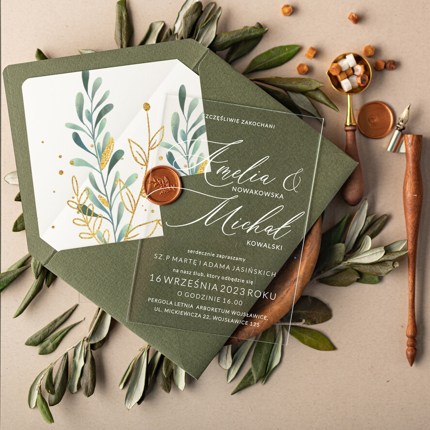 Zaproszenia ślubne Minimalistyczne Plexa zaproszenia na ślub Minimalistyczne , nowoczesne zaproszenie ślubne w akrylu, Proste zaproszenia slubne rustykalne na pleksie,  zaproszenia ślubne oliwkowe plexi 0