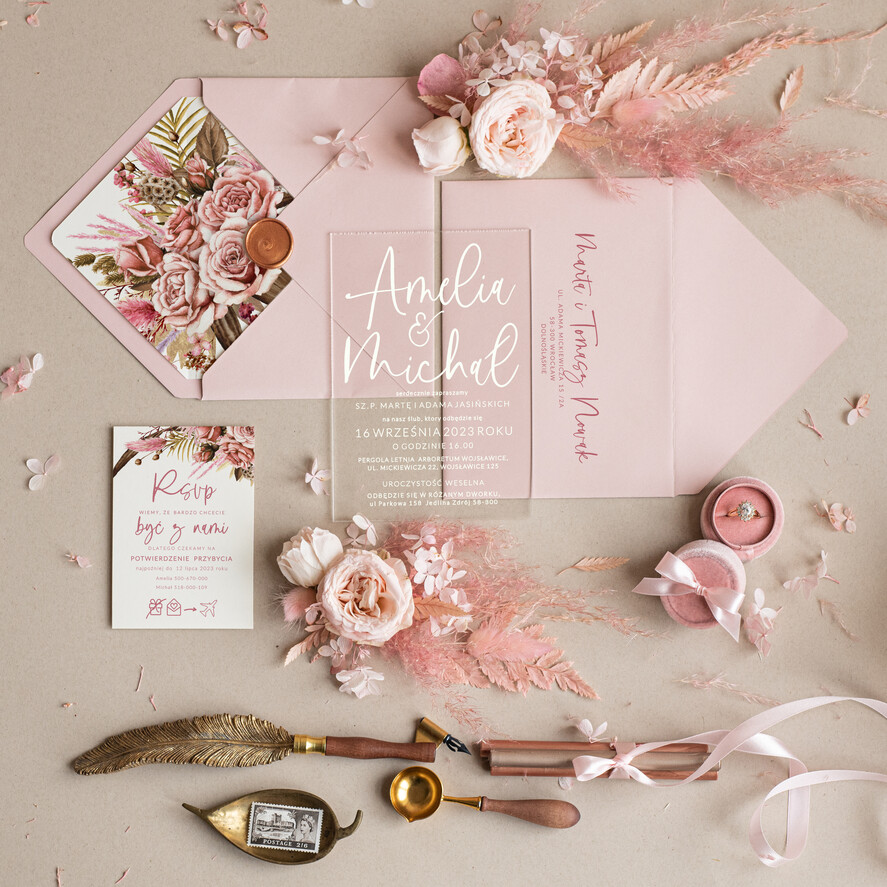 Zaproszenia ślubne Minimalistyczne zaproszenia na ślub ręcznie robione z akrylu, zaproszenia slubne z kwiatami, zaproszenie na slub na szkle 0