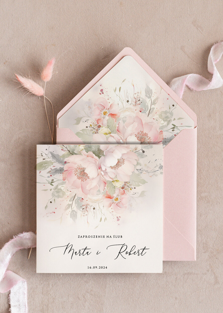 Zaproszenia ślubne Minimalistyczne Różowe Zaproszenia Ślubne z peoniami Minimalistyczne Zaproszenia na Ślub Eleganckie malarskie piwonie  2