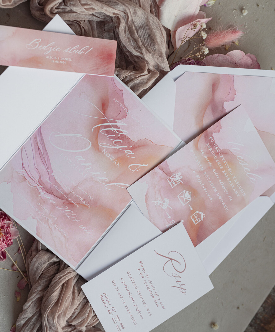 Zaproszenia ślubne Minimalistyczne Różowe Ombre Zaproszenia Ślubne Minimalistyczne Zaproszenia na Ślub Eleganckie zaproszenia ślubne marmurkowe różowe6