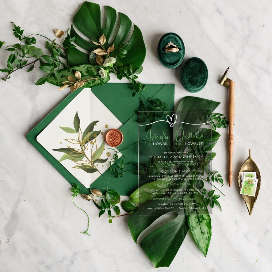 Zaproszenia ślubne Minimalistyczne Proste zaproszenie ślubne z akrylu, zaproszenia ślubne zielone plexi , zaproszenia slubne butekowa zieleń na pleksie eukaliptus1