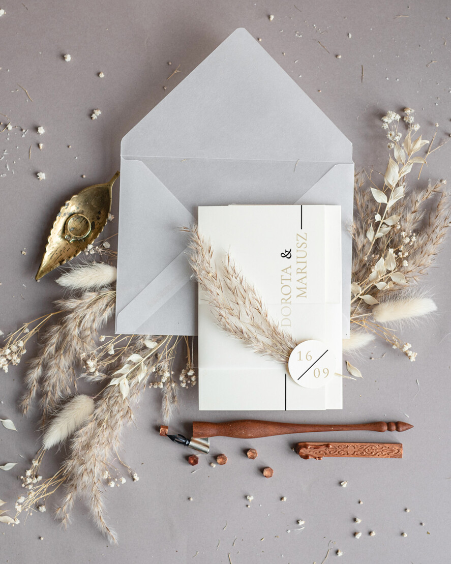 Zaproszenia ślubne Minimalistyczne zaproszenia na ślub z trawą, wyjątkowe zaproszenie ślubne z trawą pampasową 1