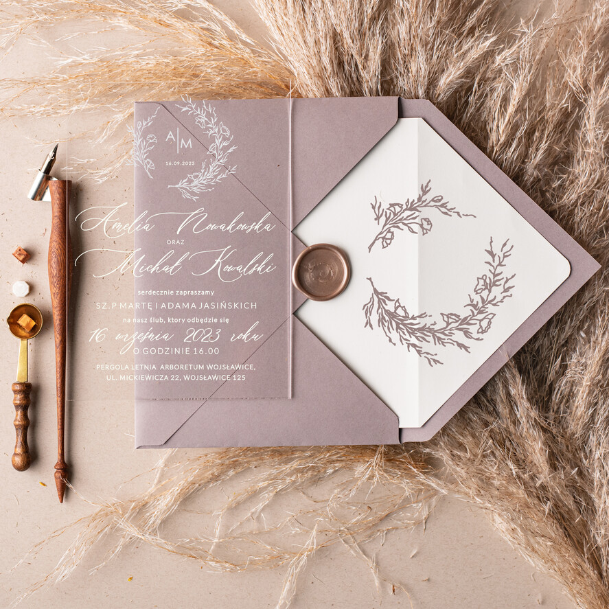 Zaproszenia ślubne Minimalistyczne Minimalistyczne zaproszenia slubne rustykalne na pleksie, Boho zaproszenie ślubne z akrylu, zaproszenia ślubne kwiaty plexi 1