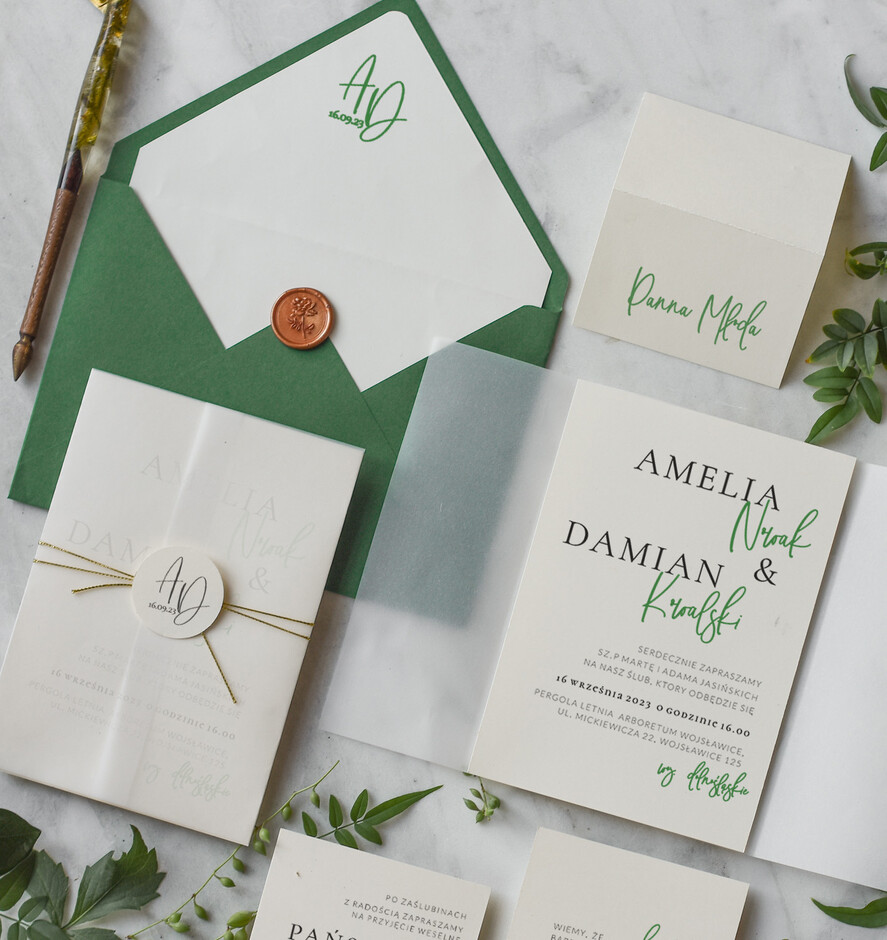 Zaproszenia ślubne Minimalistyczne Proste Zielone Zaproszenia Ślubne z Monogramem Minimalistyczne Zaproszenia na Ślub Delikatne Zaproszenie Ślubne1