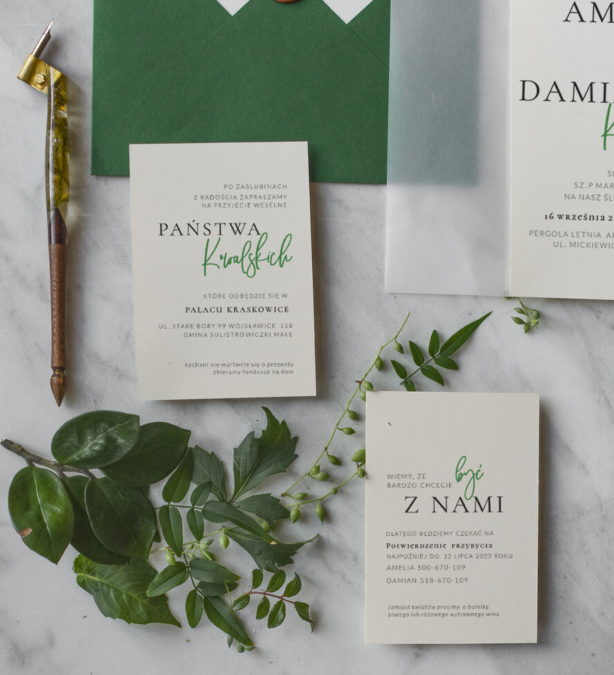 Zaproszenia ślubne Minimalistyczne Proste Zielone Zaproszenia Ślubne z Monogramem Minimalistyczne Zaproszenia na Ślub Delikatne Zaproszenie Ślubne2
