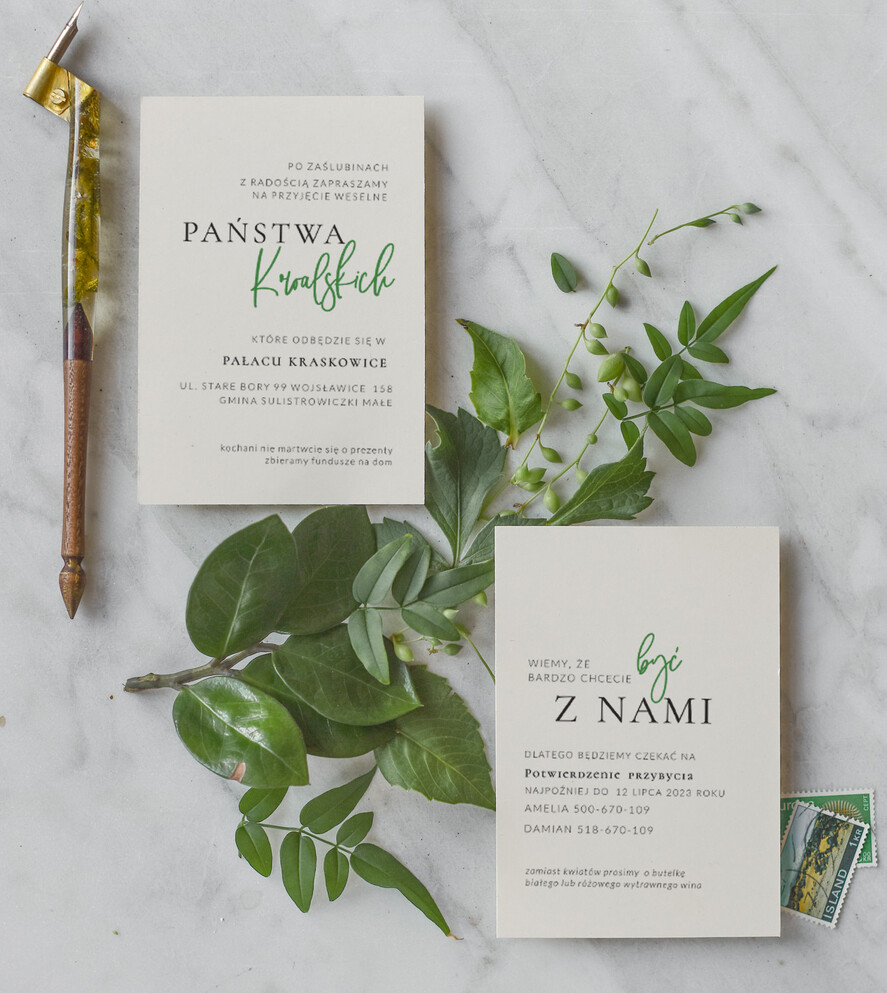 Zaproszenia ślubne Minimalistyczne Proste Zielone Zaproszenia Ślubne z Monogramem Minimalistyczne Zaproszenia na Ślub Delikatne Zaproszenie Ślubne5