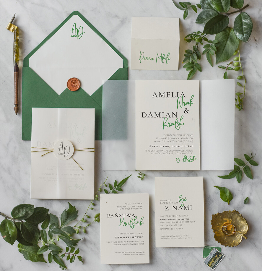 Zaproszenia ślubne Minimalistyczne Proste Zielone Zaproszenia Ślubne z Monogramem Minimalistyczne Zaproszenia na Ślub Delikatne Zaproszenie Ślubne0