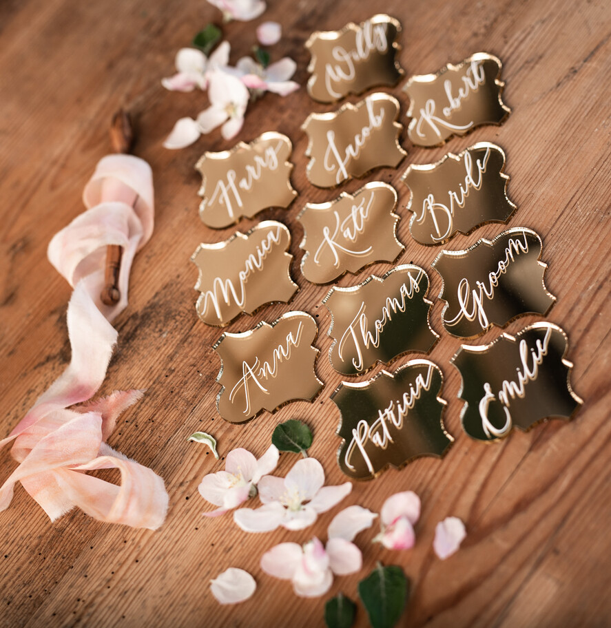 Winietki Eleganckie ręcznie robione winietki ślubne wizytówki dla gości weselnych, winietki na złotym lustrze, ekskluzywne winietki na ślub 5