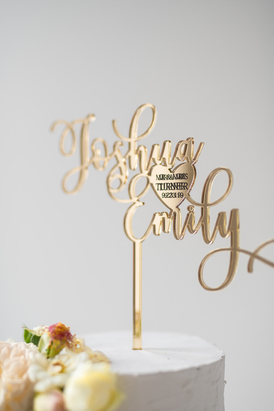 Figurki na tort / cake topper statuetki akryl błyszczący złoty topper na tort weseny napis na tort ślubny wasze nazwisko 4