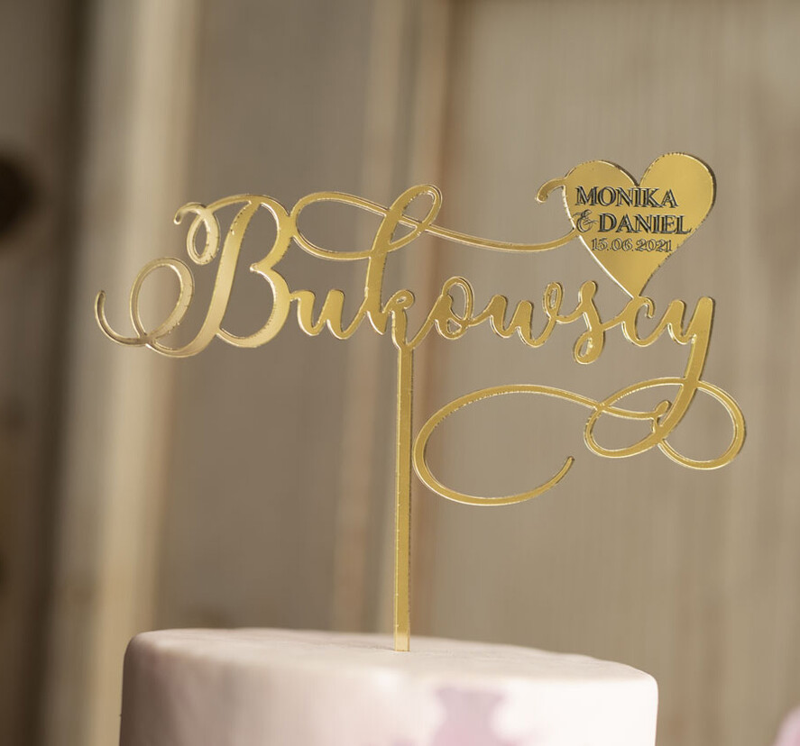 Figurki na tort / cake topper statuetki akryl błyszczący złoty napis na tort weselny personalizowany topper ślubny wasze nazwisko i imiona2