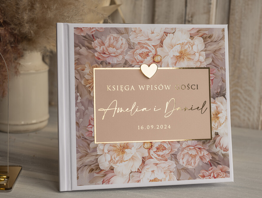 Księgi wpisów gości glamour księga gości na wesele pamiątka ślubu, księga wpisów gości z peoniami złote napisy, elegancka różowo złota księga wpisów gości elegancka księga ślubna6