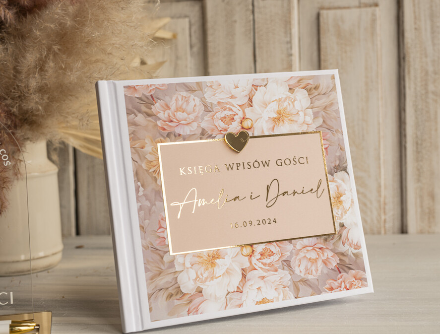 Księgi wpisów gości glamour księga gości na wesele pamiątka ślubu, księga wpisów gości z peoniami złote napisy, elegancka różowo złota księga wpisów gości elegancka księga ślubna7