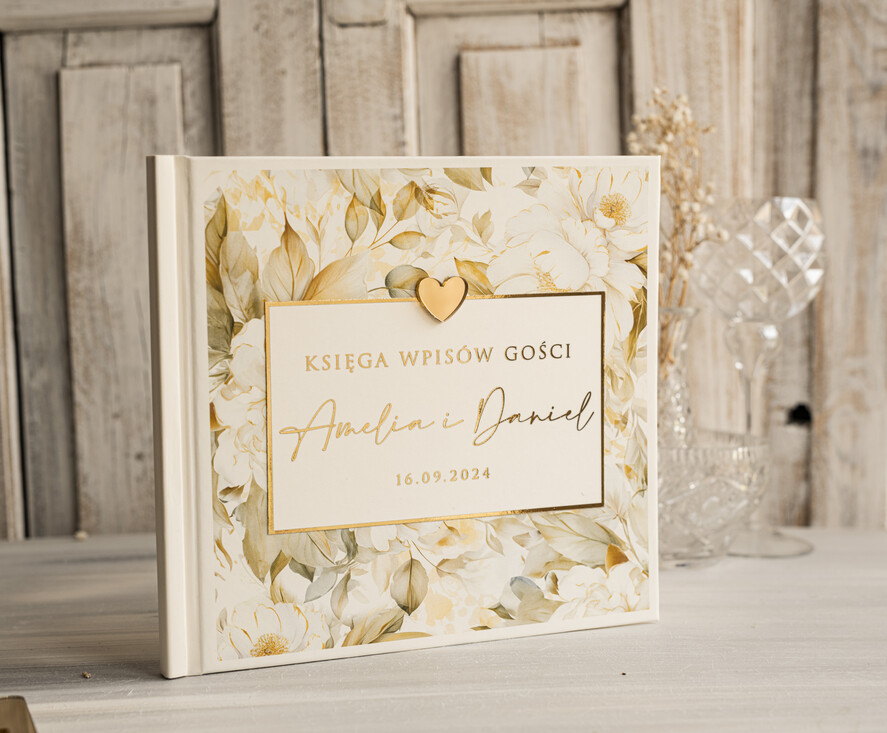 Księgi wpisów gości glamour księga gości na wesele pamiątka ślubu, księga wpisów gości z peoniami złote napisy, elegancka różowo złota księga wpisów gości elegancka księga ślubna6