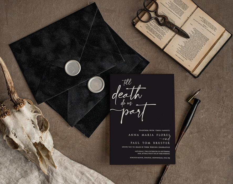 Zaproszenia ślubne Indywidualne unikalne zaproszenia na slub z kosciotrupami, czarne zaproszenia slubne, kontrowersyjne unikatowe zaproszenia na ślub5