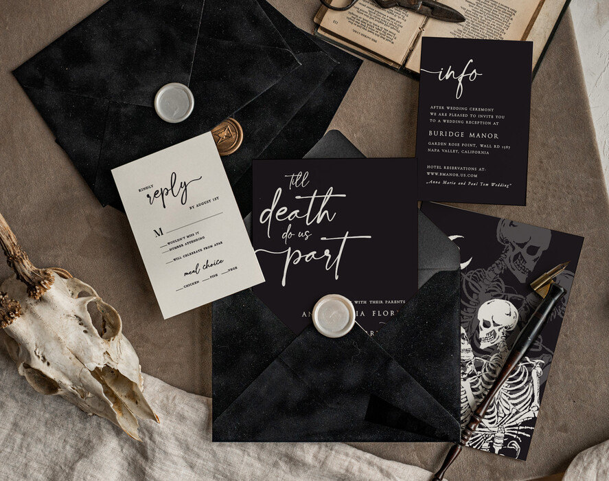 Zaproszenia ślubne Indywidualne unikalne zaproszenia na slub z kosciotrupami, czarne zaproszenia slubne, kontrowersyjne unikatowe zaproszenia na ślub2