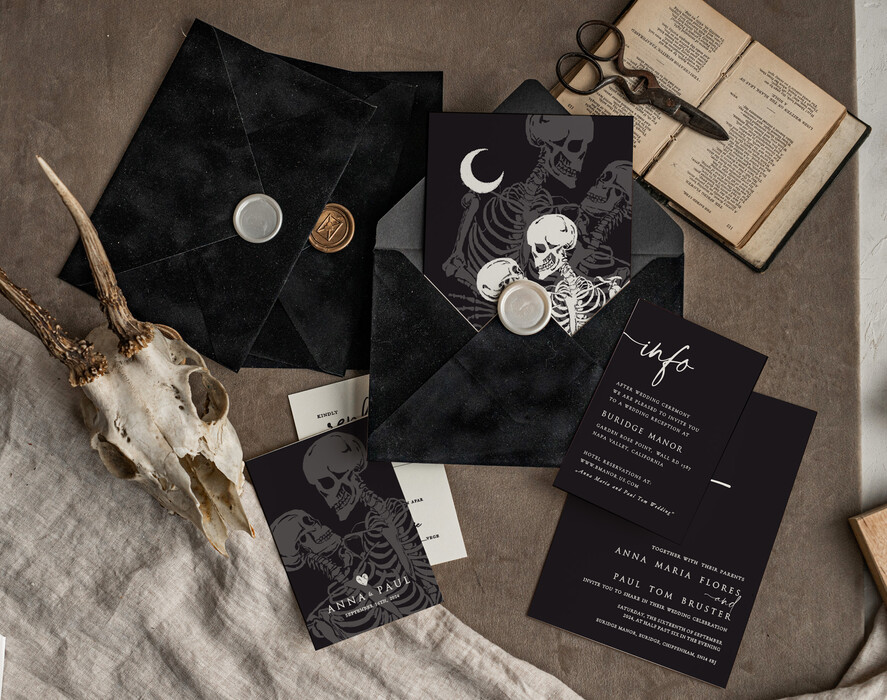 Zaproszenia ślubne Indywidualne unikalne zaproszenia na slub z kosciotrupami, czarne zaproszenia slubne, kontrowersyjne unikatowe zaproszenia na ślub1