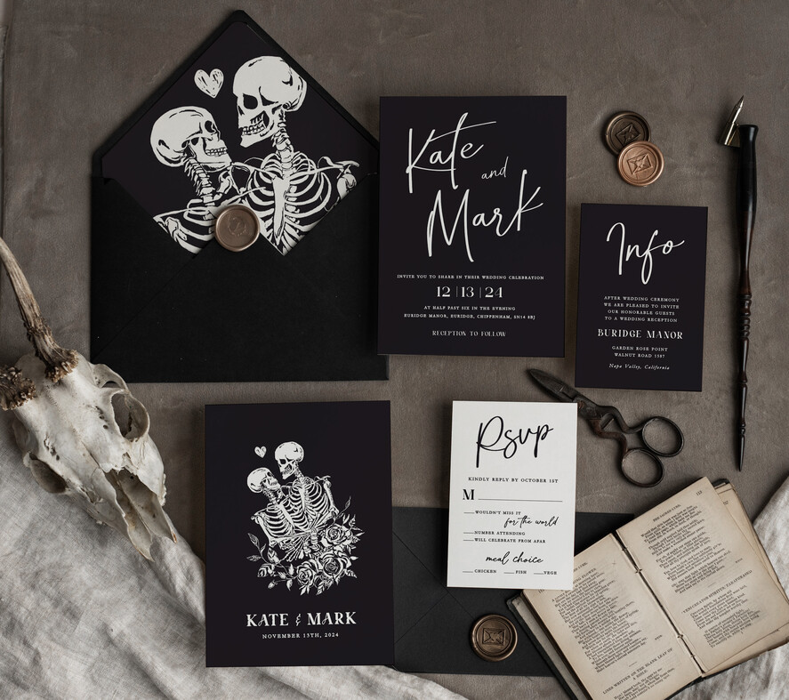 Zaproszenia ślubne Indywidualne nietypowe zaproszenia slubne, nietuzinkowe czarne zaproszenia ślubne, nowoczesne zaproszenia na ślub z kosciotrupami0
