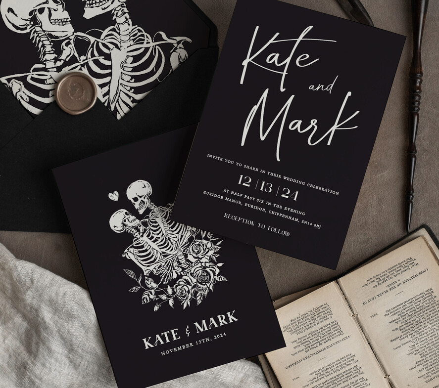 Zaproszenia ślubne Indywidualne nietypowe zaproszenia slubne, nietuzinkowe czarne zaproszenia ślubne, nowoczesne zaproszenia na ślub z kosciotrupami5