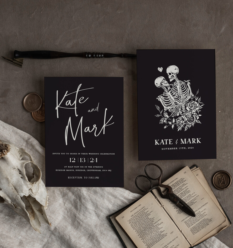 Zaproszenia ślubne Indywidualne nietypowe zaproszenia slubne, nietuzinkowe czarne zaproszenia ślubne, nowoczesne zaproszenia na ślub z kosciotrupami12