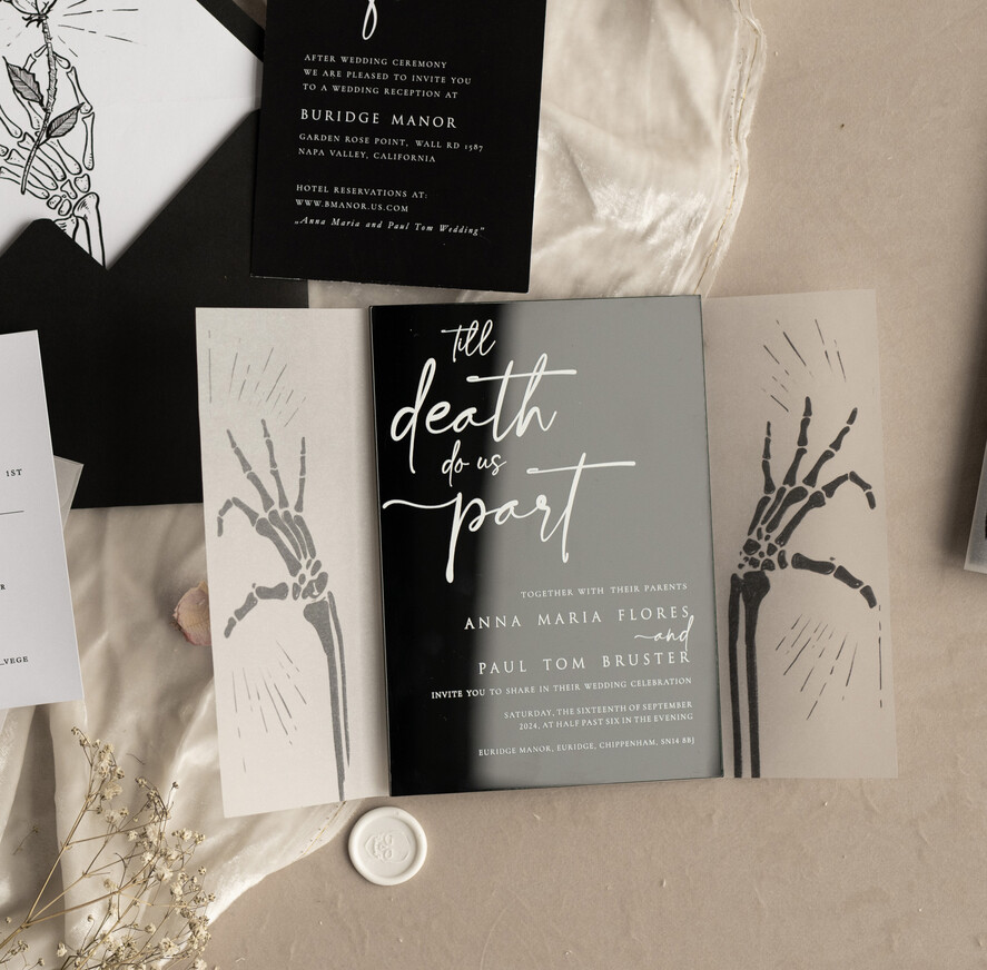 Zaproszenia ślubne Indywidualne nietypowe zaproszenia ślubne, czarne zaproszenia na ślub, zaproszenia ślubne z kościotrupem, nowoczesne czarne zaproszenia slubne 13