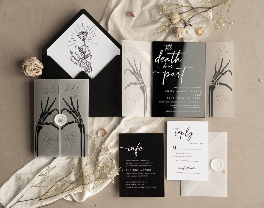 Zaproszenia ślubne Indywidualne nietypowe zaproszenia ślubne, czarne zaproszenia na ślub, zaproszenia ślubne z kościotrupem, nowoczesne czarne zaproszenia slubne 15