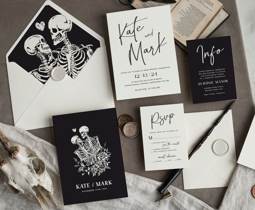 Zaproszenia ślubne Indywidualne czarno białe zaproszenia ślubne, unikatowe zaproszenia ślubne z kościotrupami, unikalne czarne zaproszenia szkielet11