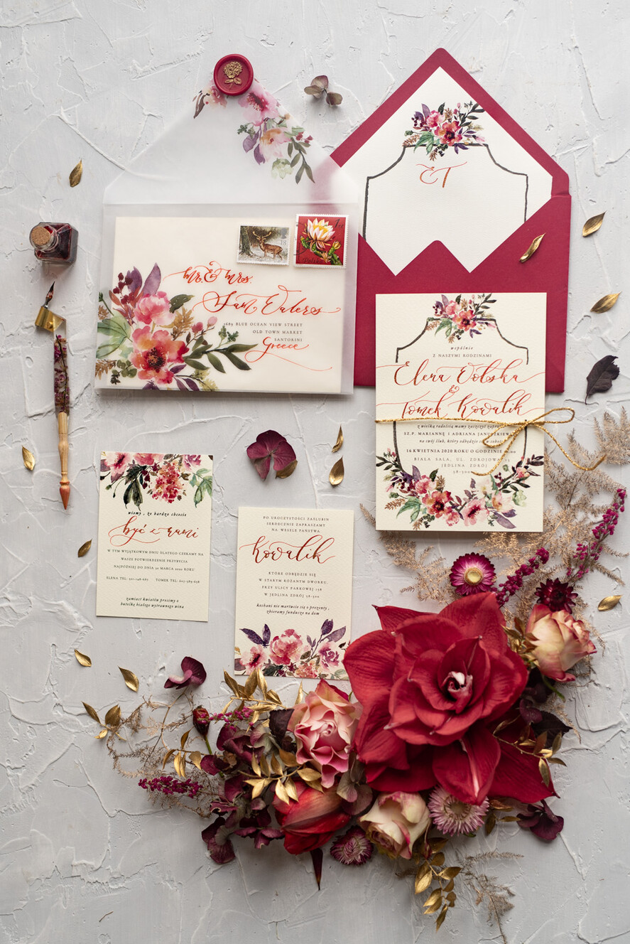 Zaproszenia ślubne Indywidualne nietypowe bordowe zaproszenia ślubne kaligrafowane zaproszenia ślubne  35