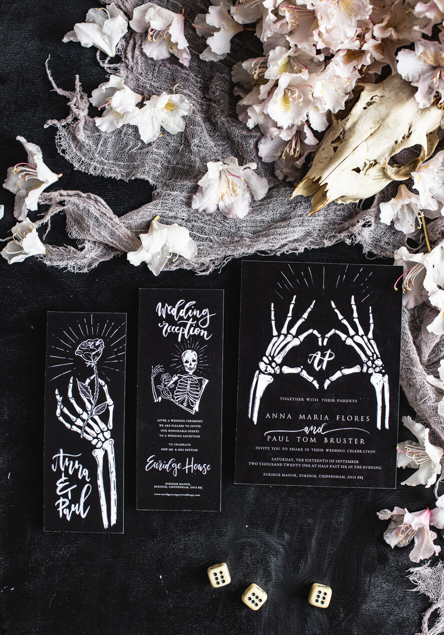 Zaproszenia ślubne Indywidualne Zaproszenia ns łub z czachami -Alternatywne Szokujace zaproszenia z Trupami na Ślub - Wasi goście Padną trupem - Zaproszenia na ślub w stulu halloween19