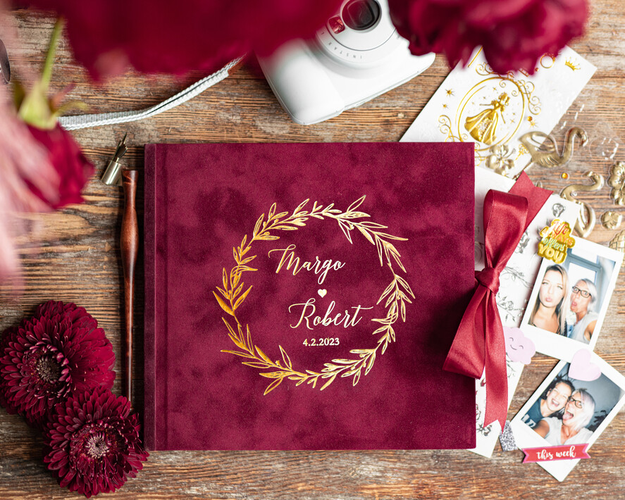 Księgi wpisów gości welurowe elegancka welurowa księga gości, ekskluzywna pamiątkowa księga wpisów gości, bordowa księga ze złotymi napisami 3