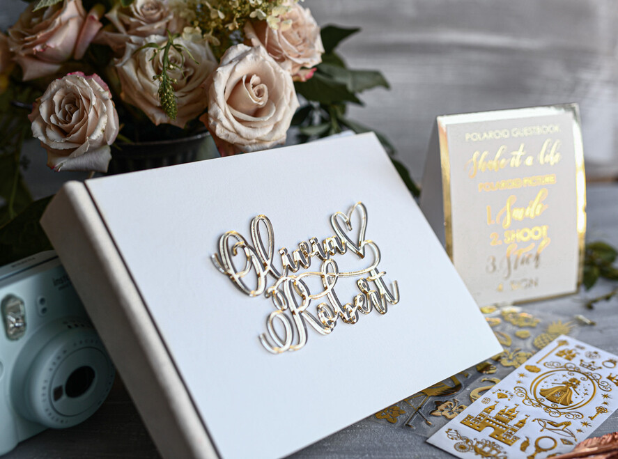 Księgi wpisów gości welurowe album księga gości weselnych mozliwe czarne kartki na fotki z instaxa i fotobudki drewniana złote napisy9