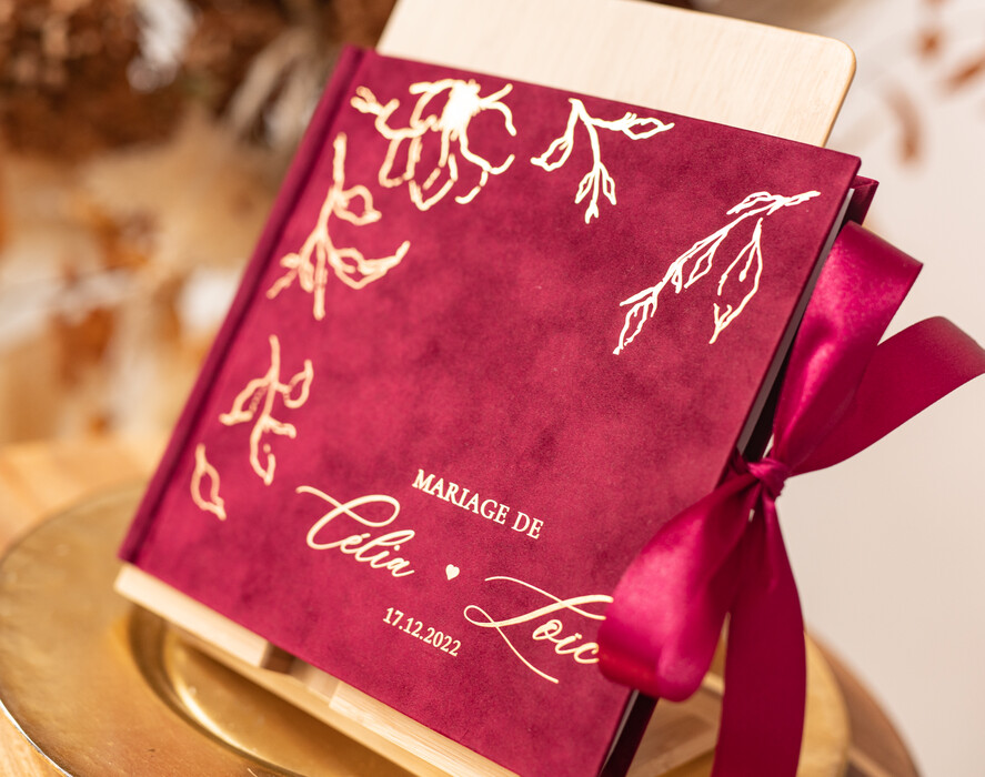 Księgi wpisów gości welurowe elegancka welurowa księga gości, ekskluzywna pamiątkowa księga wpisów gości, bordowa księga ze złotymi napisami5