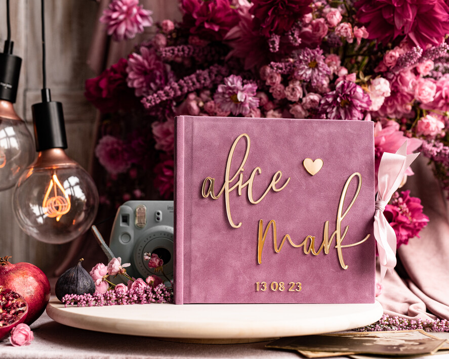 Księgi wpisów gości welurowe różowa księga wpisów gości ze złotymi napisami, elegancka pamiątkowa księga gości, księga na zdjęcia i życzenia od Gości weselnych, pamiatkowa ksiega gosci 21